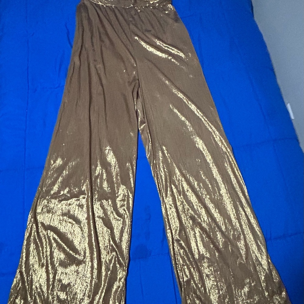 Gold Shimmer Wide-Leg strapless Pantsuit with peek-a-boo design
